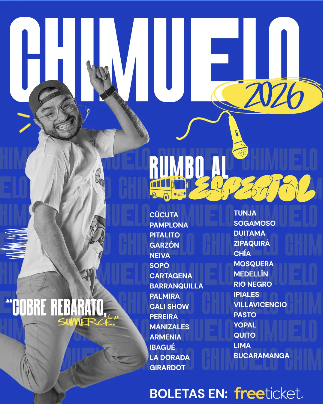 Afiche azul de la gira Rumbo al especial 2026 con la lista de ciudades